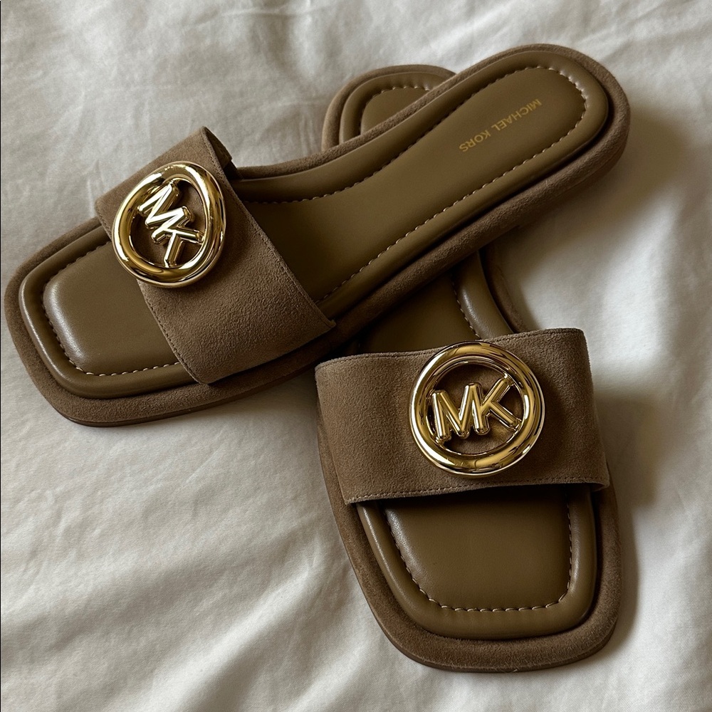 Michael Kors Suede Slides with Gold Emblem